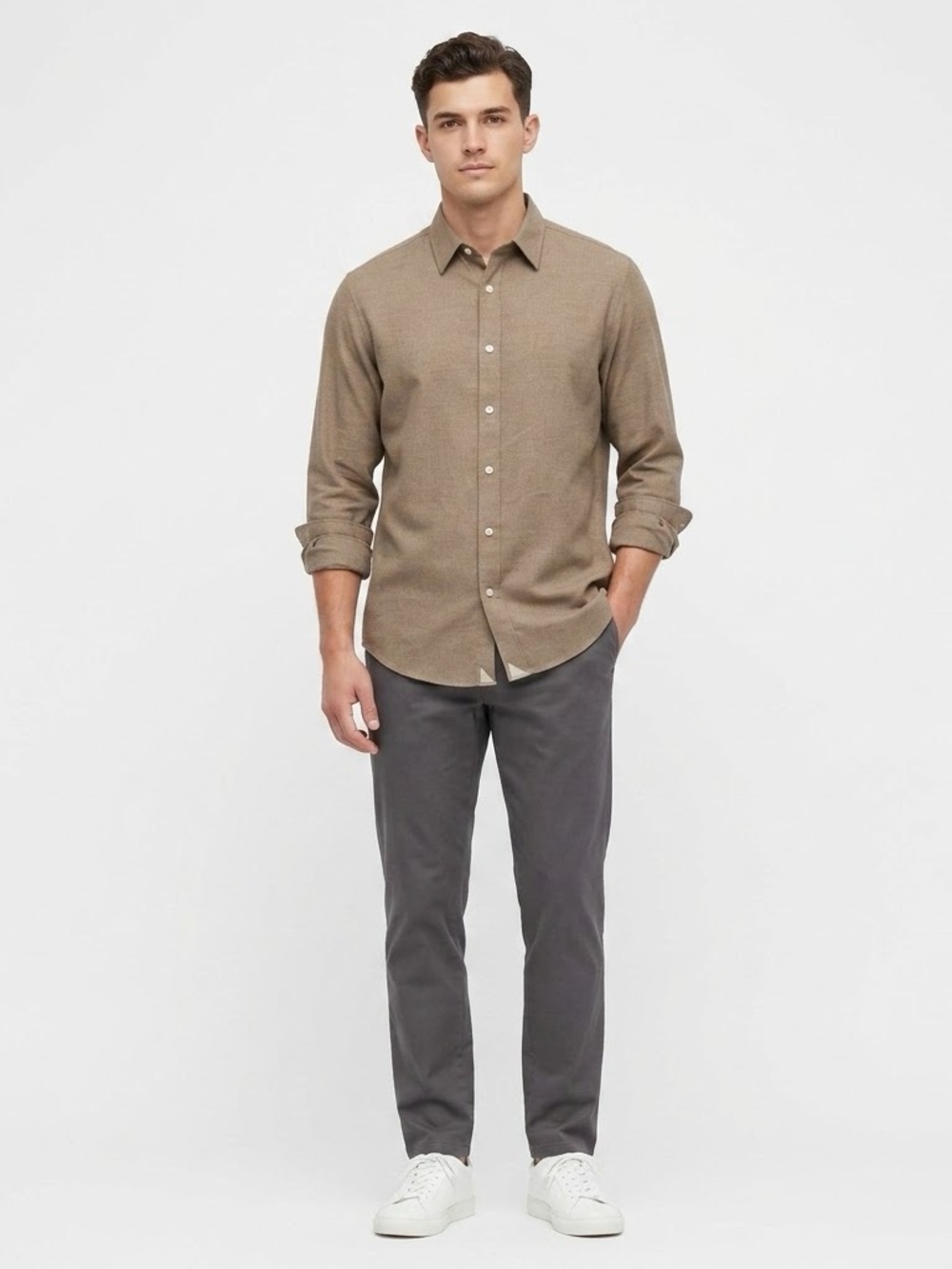 UNTUCKit Men's Large Veneto WF Wrinkle-Free Tan Long-Sleeve Button-Down Shirt